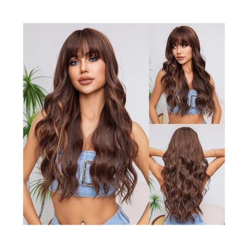 Long Mixed Brown Wig with bangs Curly Wavy Brown Wigs for Women 26 Inch Natural Synthetic Heat Resistant Fiber Wig for Daily Party Use ( Mixed Brown )