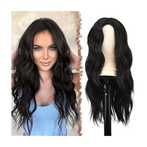 FESHFEN Long Black Wigs for Women 22 inch Curly Wavy Full Wig Middle Parting Wigs Natural Looking Synthetic Wig Extensions for Daily Party