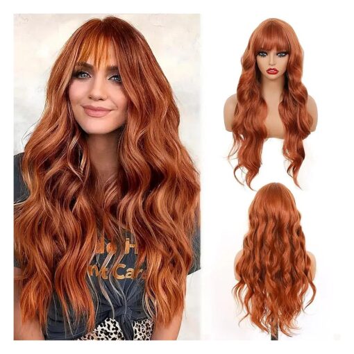 Orange Wig With Bangs Ginger Wig Long Curly Wave Wigs Natural Looking Heat Resistant Fiber Hair Synthetic Wig With Bangs For Fashion Women