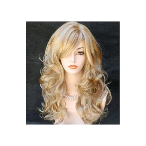 RightOn 21" Stylish Long Curly Wavy Blonde Hair Wig with Bangs Party Perruque Halloween Cosplay Party Costume Wig ( Mixed Blonde )