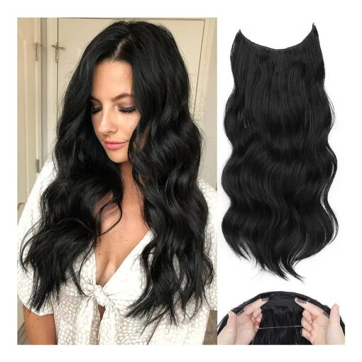 Invisible Wire Hair Extensions, Black Hair Extensions with Adjustable Size 4 Secure Clips, Long Curly Wavy Secret Hairpieces for Women