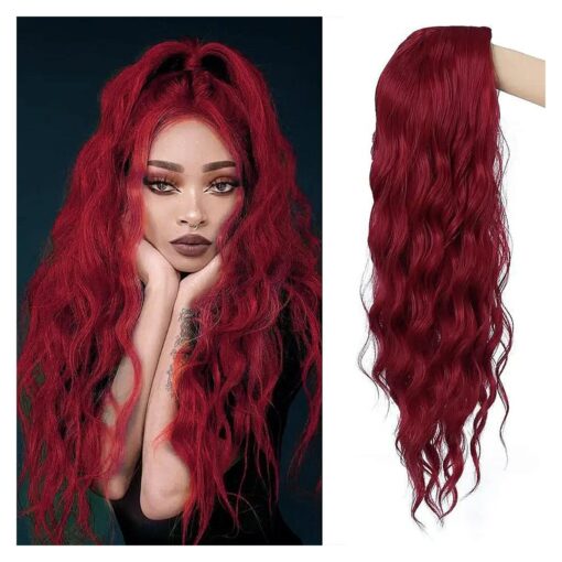 Long Curly Wavy Wine Red Wigs for Women Middle Part Natural Looking Cosplay Synthetic Fiber Wig Heat Resistant Replacement Wig