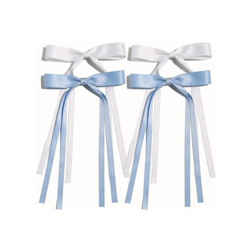 4pcs Hair Clips for Women Tassel Ribbon Bowknot Hair Clips with Long Tail, Women Hair Clip for Girl, Solid Hair Clips Long Hair Accessories Barrettes Claw Hair Clips with Bow ( White Light Blue )