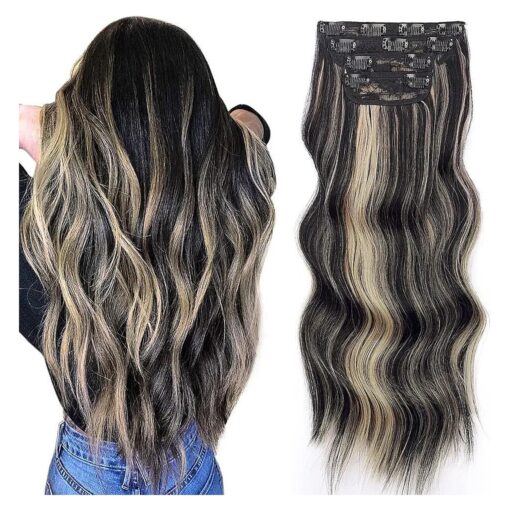 Vigorous Clip in Hair Extensions Black Mix Blonde Long Hair Extensions Clip Ins Soft Synthetic Hairpieces for Women