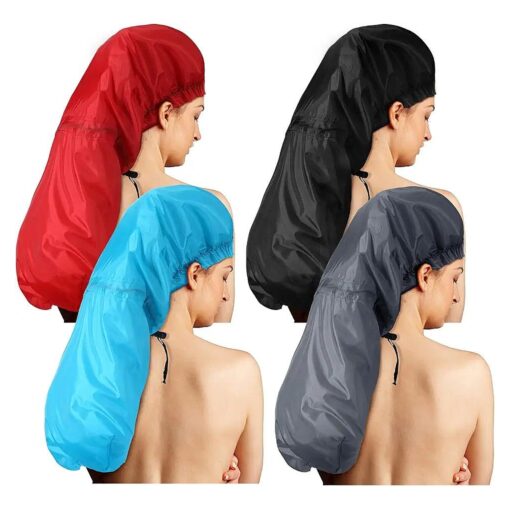 4 Pcs Jumbo Braids Shower Caps for Women Long Hair Extra Large Shower Caps for Dreadlocks Foldable Waterproof Hair Bonnets Plastic Big Bath Hats Oversize Bath Caps ( Red, Blue, Black, Gray )