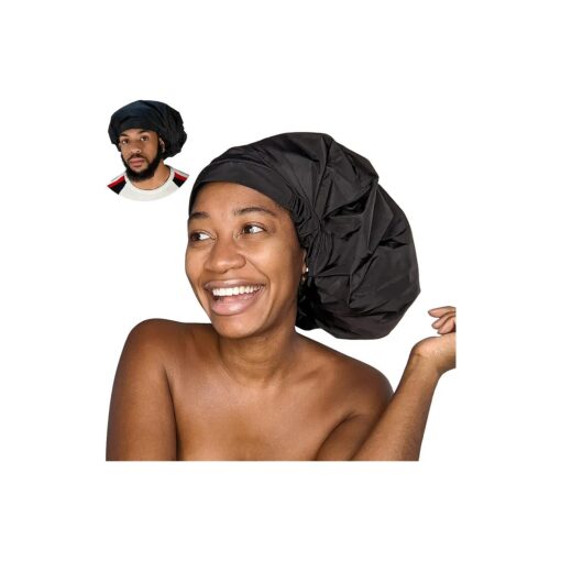 TTAT Shower Cap Jumbo Size for Men & Women With Afro, Long Dreadlocks, Locs, Box Braids, Coily, Voluminous & Long Hair, Waterproof, Washable, Reusable & Adjustable ( Black )