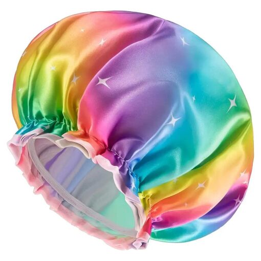 mikimini Sparkle Rainbow Shower Cap for Women Long Hair, Pack of 2, Double Layer Waterproof, X-Large, Reusable, Washable, No Smell, Fashion Bath Cap