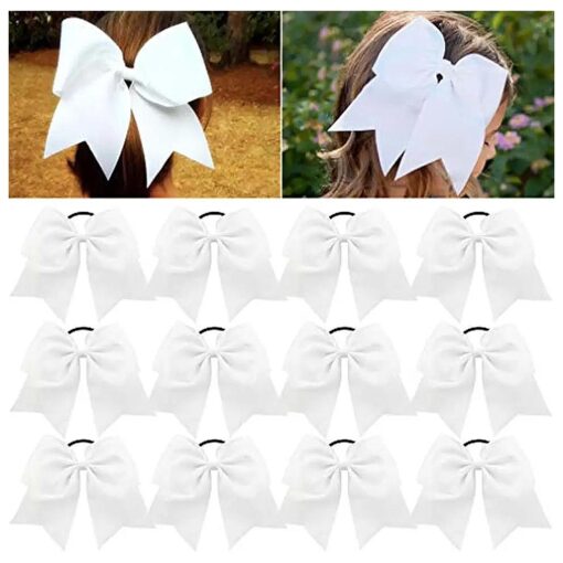 CEELGON 8" 12PCS Large Cheer Bows White Ponytail Holder Girls Elastic Hair Ties Hair Accessories for Teens Women Girls Softball Competition Sports Cheerleaders