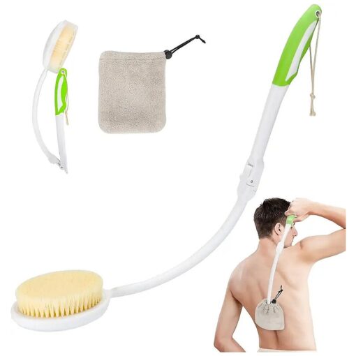 Back Shower Brush for Men and Women, Bath Brush with Quick Dry Wrap, 23.5" Foldable Extra Long Handle Curved Body Cleaning Back Scrubber, Suitable for Elderly, Disabled, Seniors, Pregnant - LYIGEOL