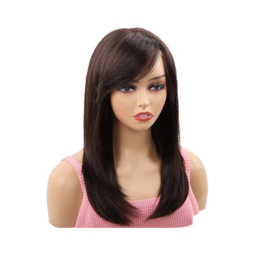 Long Brown Wig with Bangs Human Hair - Straight Wig 100 % Virgin Remy Hair Curly Wigs for White Black Women Natural Looking Hair Replacement Wigs