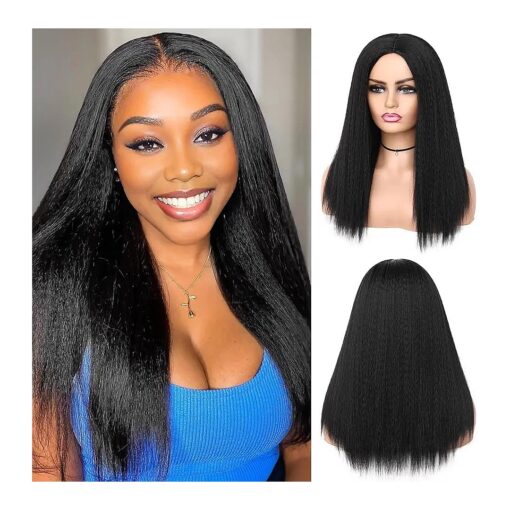 HANNE Kinky Straight Wig Natural Black Heat Resistant Synthetic Wig for Black Women Yaki Straight Hair Replacement Wigs for Daily or Party Use ( 18 Inch, Black )