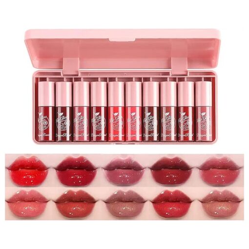 10 Colors Lip Tint Stain Set, Tint Stain Plumping Mini Liquid Lipstick, Watery Finish Lip Tint Stain Korean Lip Gloss, Long lasting Non-Stick Cup Waterproof, High Pigment, Vivid Color, Lip Tint Makeup