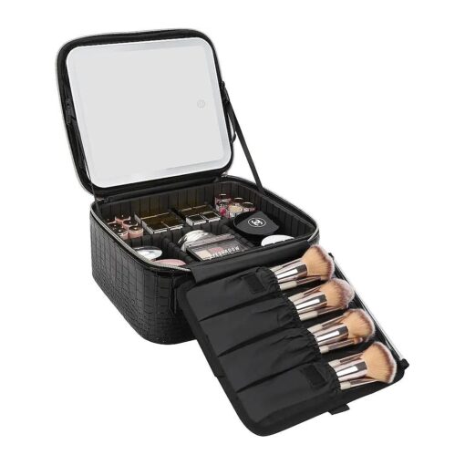 Relavel Makeup Train Case With LED Mirror, Professional Travel Cosmetic Bag with Removable Partitions, Compact Makeup Organizer, Waterproof Toiletry Case for Women, Black