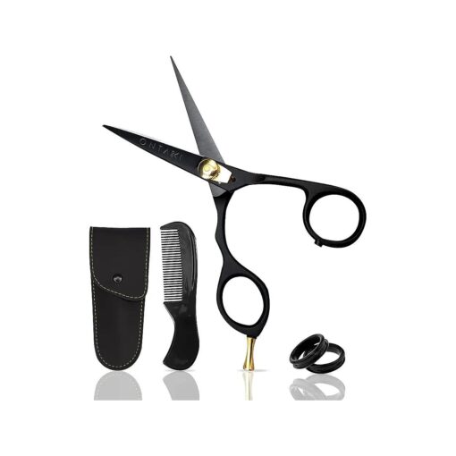 5.5" Japanese Steel Beard Scissors & Mustache Scissors - Ergonomic Bent Handles Design Beard Scissors for Men with 1 Comb & Carrying Pouch Hand Forged Facial Hair ( Ergonomic Black ( Left Hand ) )