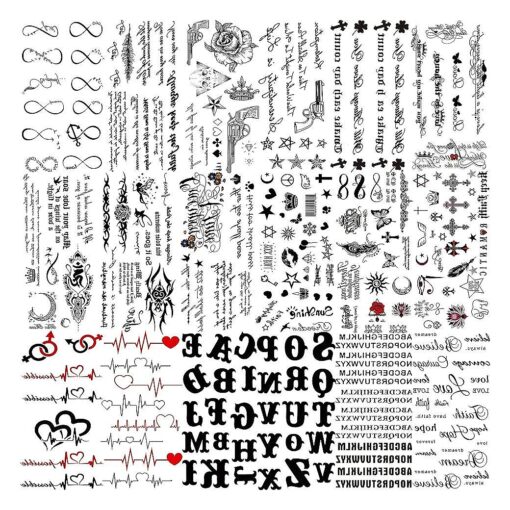 18 Sheets Black Inspired Quotes Temporary Tattoos For Women Kids Children Long Lasting Letter Alphabet Words Fake Tattoo Stickers Birds Cross ECG infinity Moon Star Neck Arm Tatoo For Men Adult