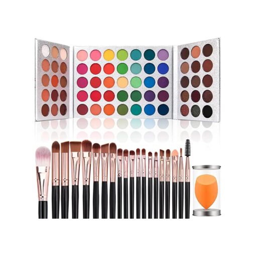 Eyeshadow Palette 65 Colors + 20pcs Makeup Brushes Set + Sponge Blender Sweatproof Pigmented Matte Shimmer Metallic Blendable Soft Pressed Powder Eye Shadow Makeup Palette