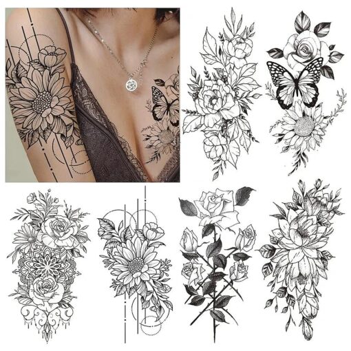 Temporary Tattoos for Women Adults, Fake Flower Tatuajes Temporales Semi Permanent Half Arm Sleeve Tattoos, Long Lasting Realistic Flower Leg makeup Waterproof Tattoos Stickers