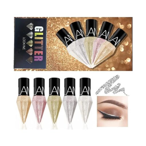 Go Ho Glitter Liquid Eyeliner Colorful Set,5 Colors Metallic Shimmer White Silver Gold Diamond Eye Liner, Glitter Eyeliner Eyeshadow Shine, Waterproof Long Lasting Glow Sparkle Eye Glitter Makeup