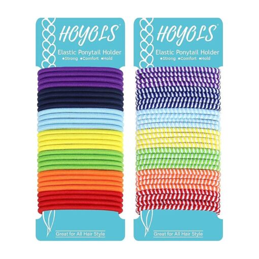 HOYOLS Elastic Hair Ties No Damage, 4mm Hair Bands for Women 's hair, Thick Ponytail Holders for Girls Men Long Thick Curly Hair Non Slip Assorted Colors Bulk Colourful 56 Count ( Mix Chakra & Striped )