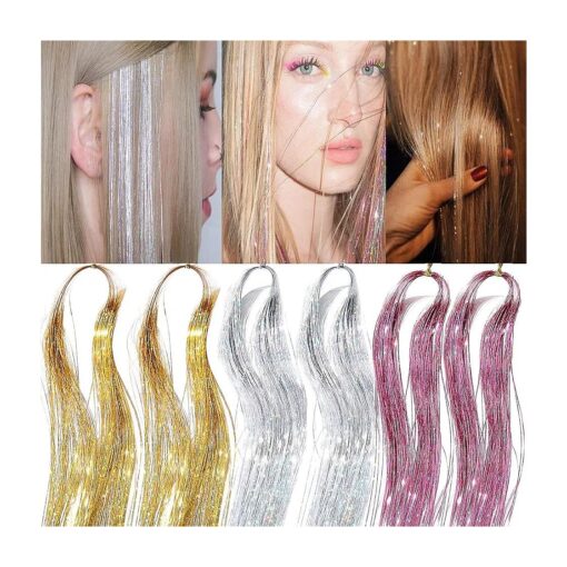 Glitter Hair Tinsel Kit with Tools Silver Gold Pink Colors 1500 Strands Fairy Hair Tinsel Extensions Heat Resistant Hair Tensile Party Hair Kit 48 Inch