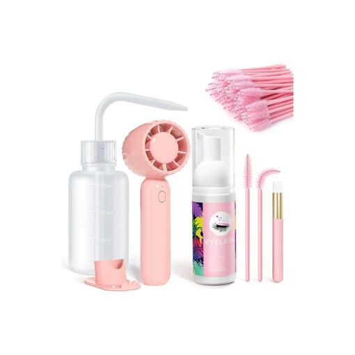 Buqikma Lash Cleaning Kit-Eyelash Extension Cleanser for Extensions 60ML Lash Shampoo with Rechargeable Handheld Lash Fan Dryer Mascara Brush Rinse Bottle Makeup Cleansing Foam for Lash Care