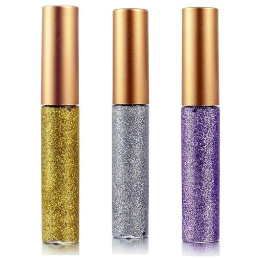 Eyeliner Glitter Liquid Eyeshadow 3 Color Metallic Glitter Sparkling Eyeliner Face Eye Cosmetic Glow Shimmer Makeup Glitter Eyeshadow Liquid Long Lasting Eyeliner Eye Shadow Gold, Silver and Purple