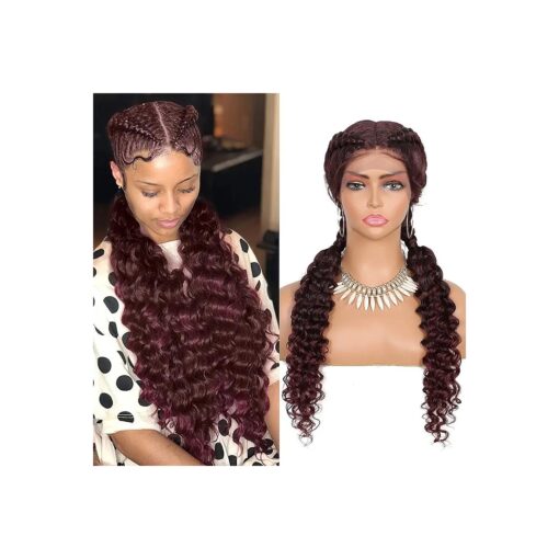 Lexqui 24" Braided Wigs for Women Cornrow Box Braided Wig with Curls Ends Burgundy Red Handmade Dutch Braided Wig with Baby Hair Human Hair Blended Lace Front Braided Lace Wigs