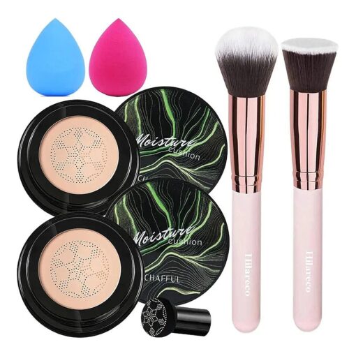 Hilareco 2 PCS Mushroom Head Air Cushion CC Cream Nature Foundation, Foundation Brush Powder Brush, Moisturizing Concealer, Bright Makeup Base Long Lasting with Mushroom Makeup Sponge ( 2PCS # 01 Ivory )