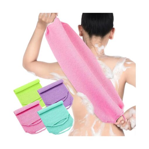 Moukeren Exfoliating Back Scrubber with Handles 4 Packs Nylon Back Exfoliator Extended Length Back Washers Scrubbers Stretchable Pull Strap Exfoliating Washcloth ( Pink, Blue, Fluorescent Green, Purple )