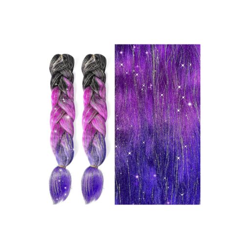 2Pcs Hair Extensions for Braids Ombre Braiding Hair Add Tinsel Hair Extension Sparkly Braiding Hair, 24 Inch Braiding Hair Pre Stretched Ombre 100g, Heat Resistant Colorful Synthetic Braiding 3 Tone for Women Girls ( Charm Purple Gradient )