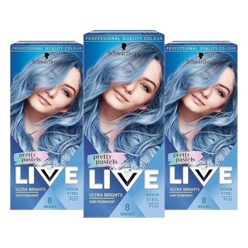 LIVE Ultra Bright or Pastel Blue Hair Dye, Pack of 3, Semi-Permanent Colour lasts for up to 15 washes - P121 Denim Steel