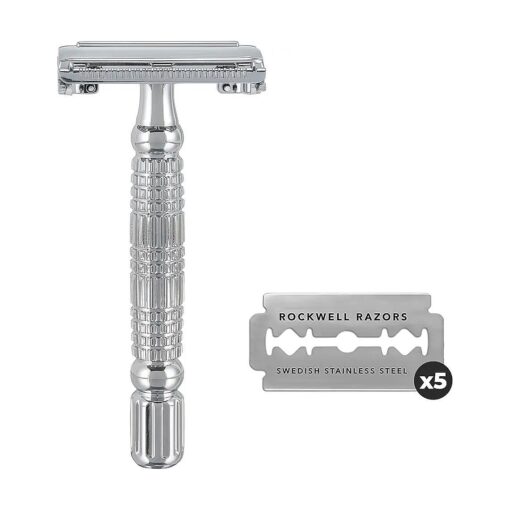 ROCKWELL RAZORS R1 Double Edge Safety Razor in White Chrome, Butterfly Open with 5 Blades