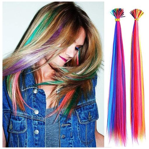 100 Strands 20" Party Colors Hair Extensions I-Tip Long Straight Hairpieces Synthetic Heat Resistant Highlight Feather Micro Ring Hair Accessories ( 10 Mix-colors, I-Tip Hair Extensions )