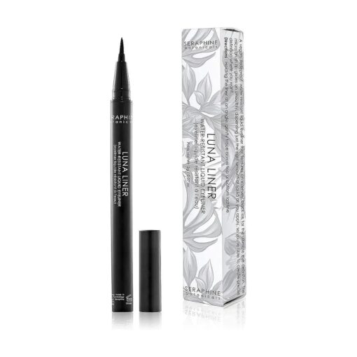 Seraphine Botanicals Waterproof Liquid Eye Liner - Long Lasting Liner Pen Brush Ultra Fine Tip Eye Gel Pigmented Makeup Black Smudge Resistant ( Luna )