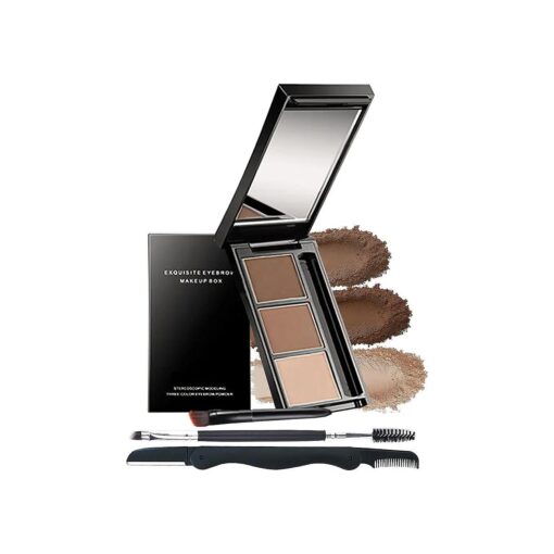 Eyebrow Powder Makeup Kit-3 Colors Eye Brow Powder Palette Long-Lasting Waterproof, Dark/light Brown Brow Filler, Fill & Sculpt Full Eyebrows for Women, With Mirror, Brow Brush & Razor-Set 02