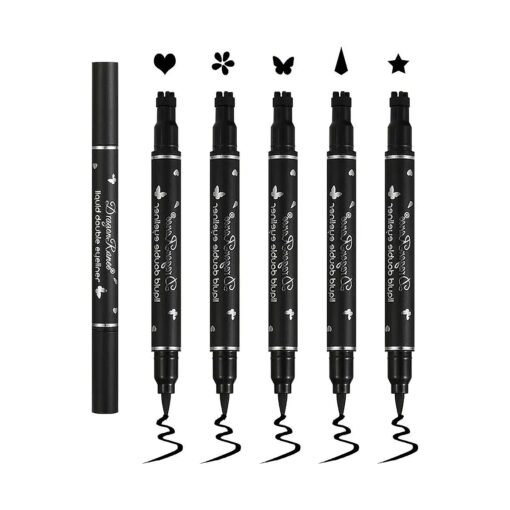 5Pcs Double-headed Liquid Eyeliner Stamp Pencil Set, Winged Eyeliner Stamp Pen Women Black Long-lasting delineador de ojos, ( Heart/Flower/Star/Butterfly/Cone ) Shape Eye Liner Stamp