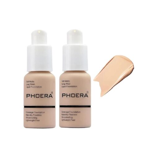 2 Pack PHOERA Foundation, Matte Oil Control Concealer Foundation Cream, PHOERA Long Lasting Waterproof Matte Liquid Foundation for Women Girls ( 102 Nude )