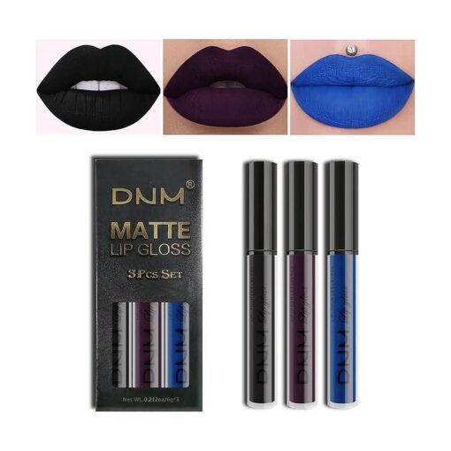 CAHIUYOA 3Pcs Dark Black Blue Purple Matte Liquid Lipstick Lip Stain Lip Gloss Makeup Set, DNM Non Stick Cup Long Lasting Smudge Proof Waterproof Lipstick labial mate larga duracion 24 ( Set07 )