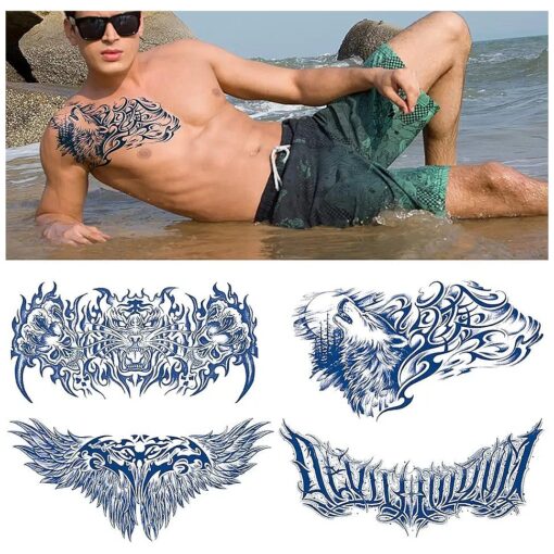 Glaryyears Semi Permanent Tattoos for Men Adults, 4 Pack Kit Large Realistic Long Lasting Makeup Temporary Tattoo Look Like Real, Cool Tribe Tiger Wings Words Letters on Body Chest Upper Thorax Back