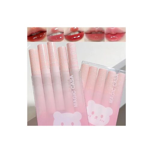 5Pcs Bear Lip Glaze Jelly Lipstick, Liquid Lipstick Cute Bear Lipgloss Moisturizing Lip Stain Plumping Water Mirror Lip Gloss Waterproof Long Lasting Lip Tint