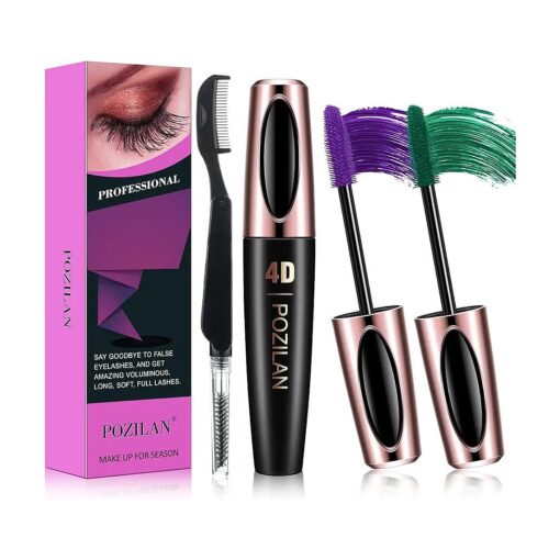 2 Pack Waterproof Purple Green Mascara with Folding Eyelash Comb Brush - Lengthening, Volumizing, Long-Lasting, Natural Eye Makeup