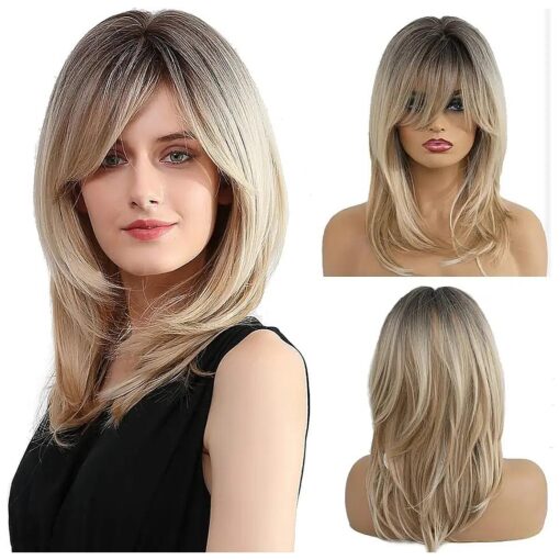 BERON Blonde Wig Long Layered Wigs for Women Ombre Blonde Wigs Synthetic Hair Wig with Bangs