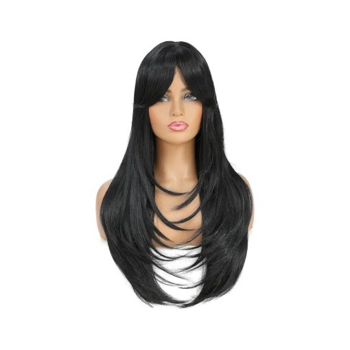 SWACC Long Layered Straight Wig with Bangs Synthetic Hair Wig for Women with Wig Cap ( Black )