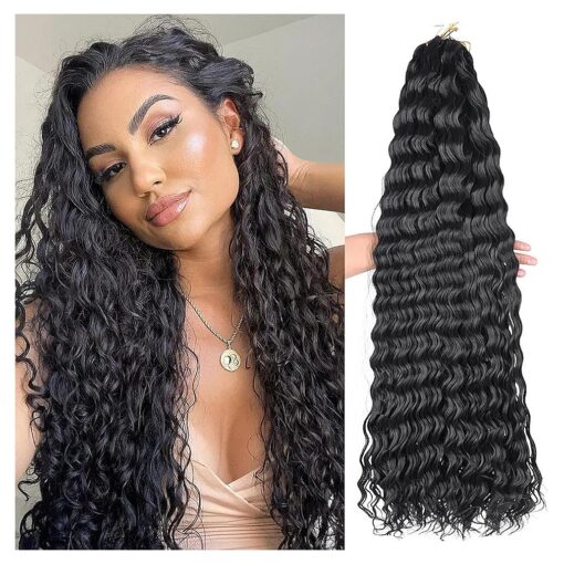 Synthetic 32 inch Crochet Hair Curly Deep Wave Braiding Hair Long Loose Ocean Wave Crochet Hair for Women Soft Like Human Hair Extensions 4 Packs ( 32inch, 1B )