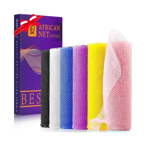 6 Pieces African Bath Sponge African Net Long Net Bath Sponge Exfoliating Shower Body Scrubber Back Scrubber Skin Smoother, Great for Daily Use ( Pink, Yellow, Purple, Blue, Black, Off-White )