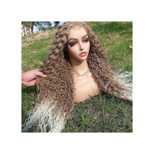 Blonde Curly Wigs For Women Kinky Curly Wig Synthetic Long Ombre Blonde Deep Wave Wigs Afro Wig Blonde To White Color Middle Part Natural Hair Wigs For African American Women Replacement Wigs Daily Wear ( 27/613,28inch )