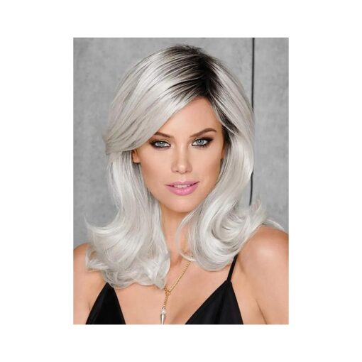 SEVENCOLORS Long Grey Wigs for White Women Ombre Silver Wavy Wigs with Black Roots 18" Synthetic Hair Gray Curly Wigs for Daily Party Cosplay Use