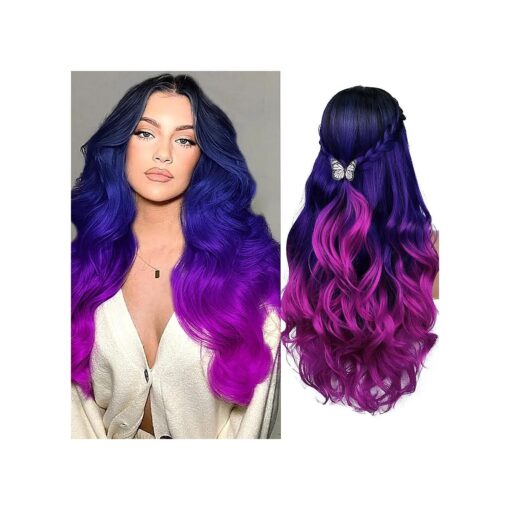 Quantum Love Long Purple Wavy Wigs Ombre Purple Body Wave Mermaid Hair Wig for Women Middle Part Colorful Curly Synthetic Hair for Halloween Cosplay Daily Party Use