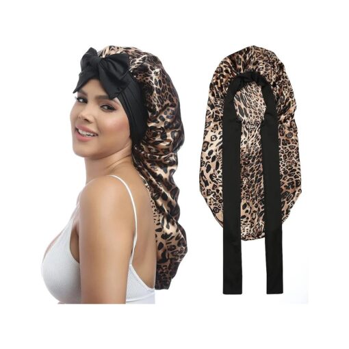 AWAYTR Long Satin Bonnet for Braids - Elastic Silk Hair Bonnets for Sleeping Night Cap Stretchy Tie Band for Women ( Leopard )