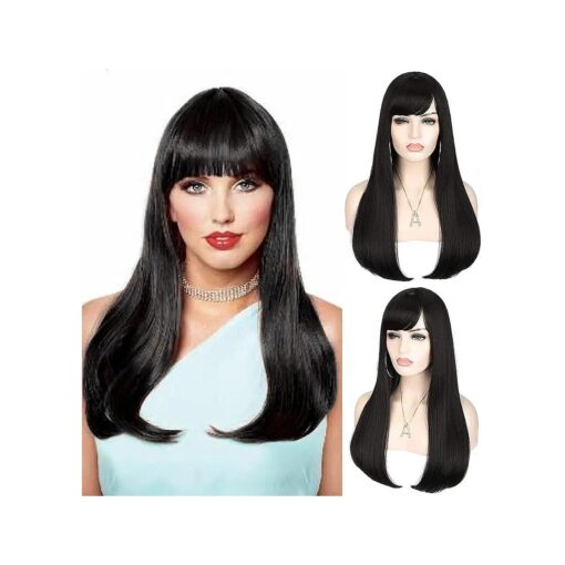 Kalyss 24" Long Straight Black Wig for Women Hair Wigs with Bangs None Lace Front Heat Resistant Synthetic Fiber Hair Replacement Wigs